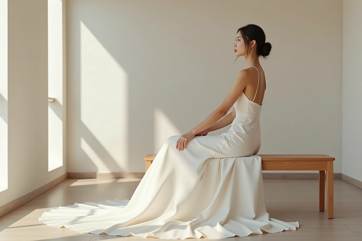 Bride moderne en robe ivoire dans une salle élégante