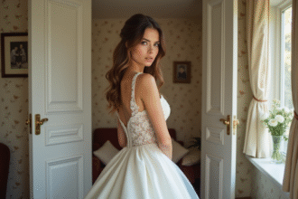 Jeune mariée dans un salon cosy regarde par la porte