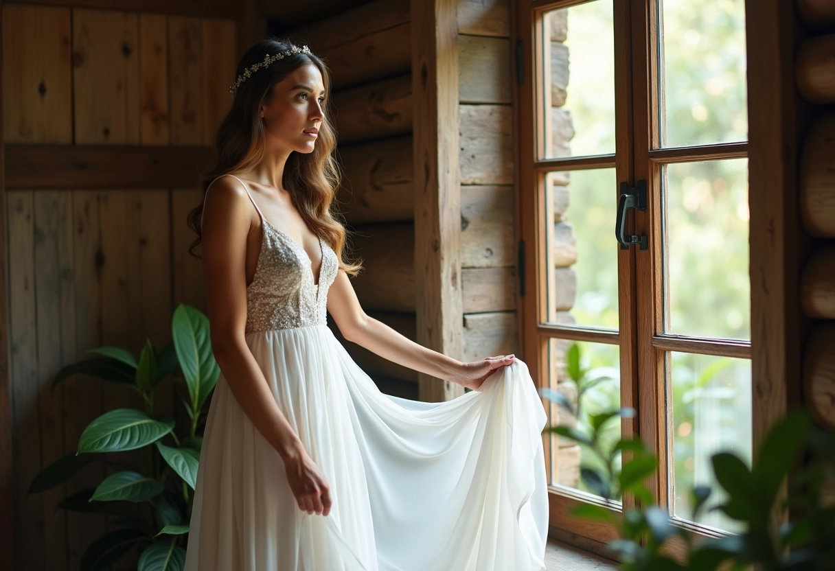 Femme en robe de mariage bohème regardant son train dans une pièce lumineuse