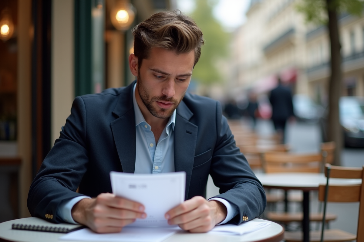 Jeune homme regardant l addition sur une terrasse parisienne