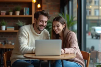 Jeune couple au café partageant un écran d'ordinateur