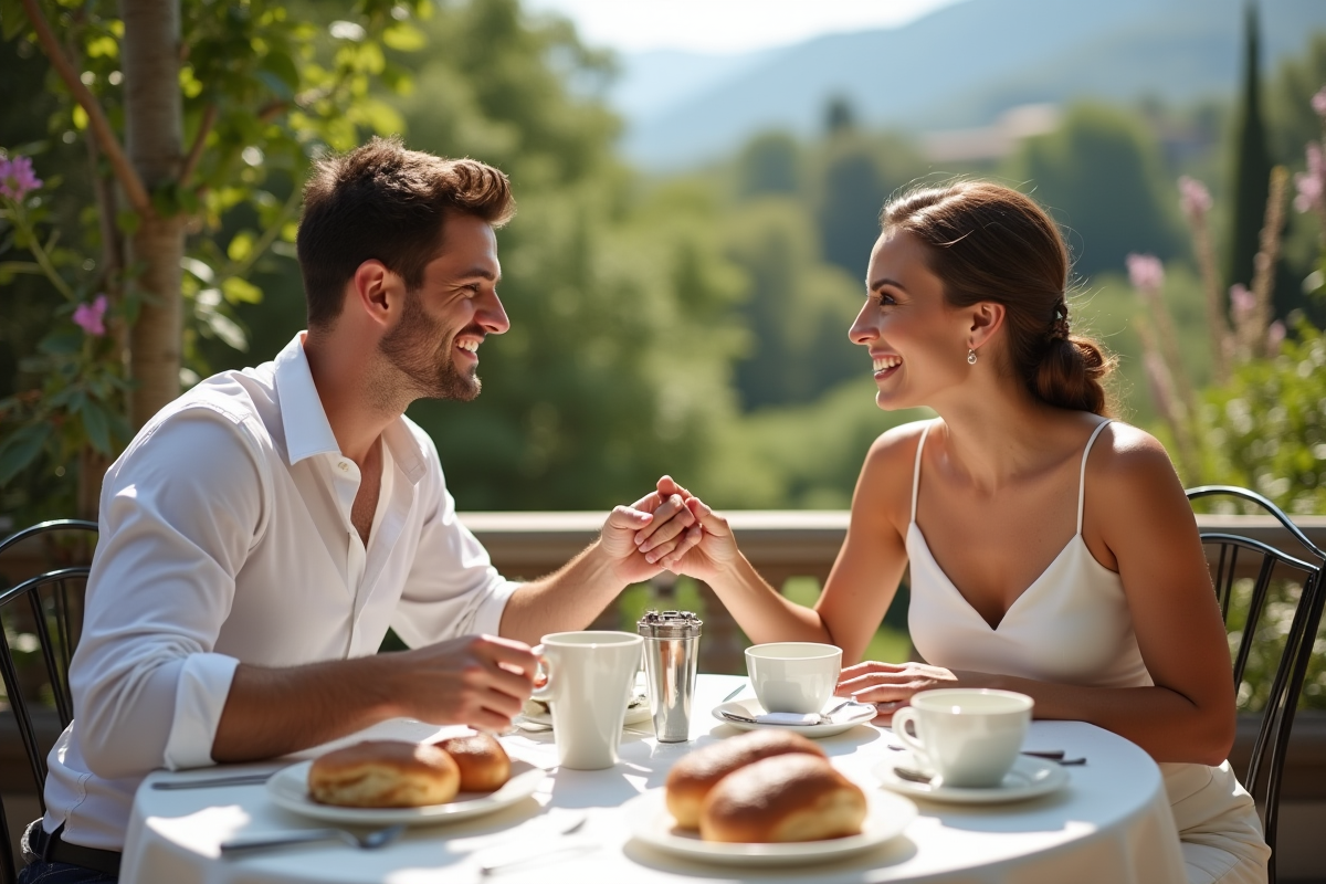 Jeunes mariés partageant un petit déjeuner en terrasse