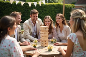Groupe d'invités de mariage jouant au Jenga géant dans un jardin décoré lors d'une réception festive