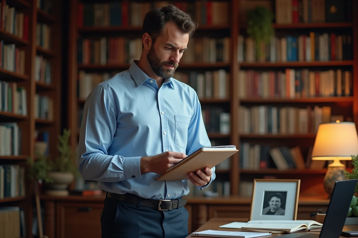 Journaliste français dans une bibliothèque chaleureuse