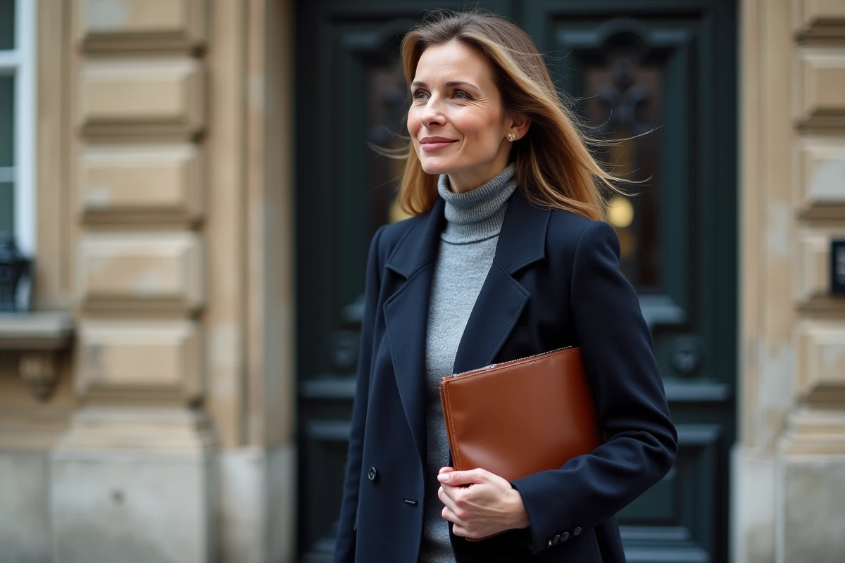 Journaliste élégante devant un immeuble parisien en pierre, style éditorial contemporain