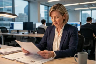 Journaliste professionnelle en salle de rédaction analysant des documents liés à la vie privée de personnalités médiatiques