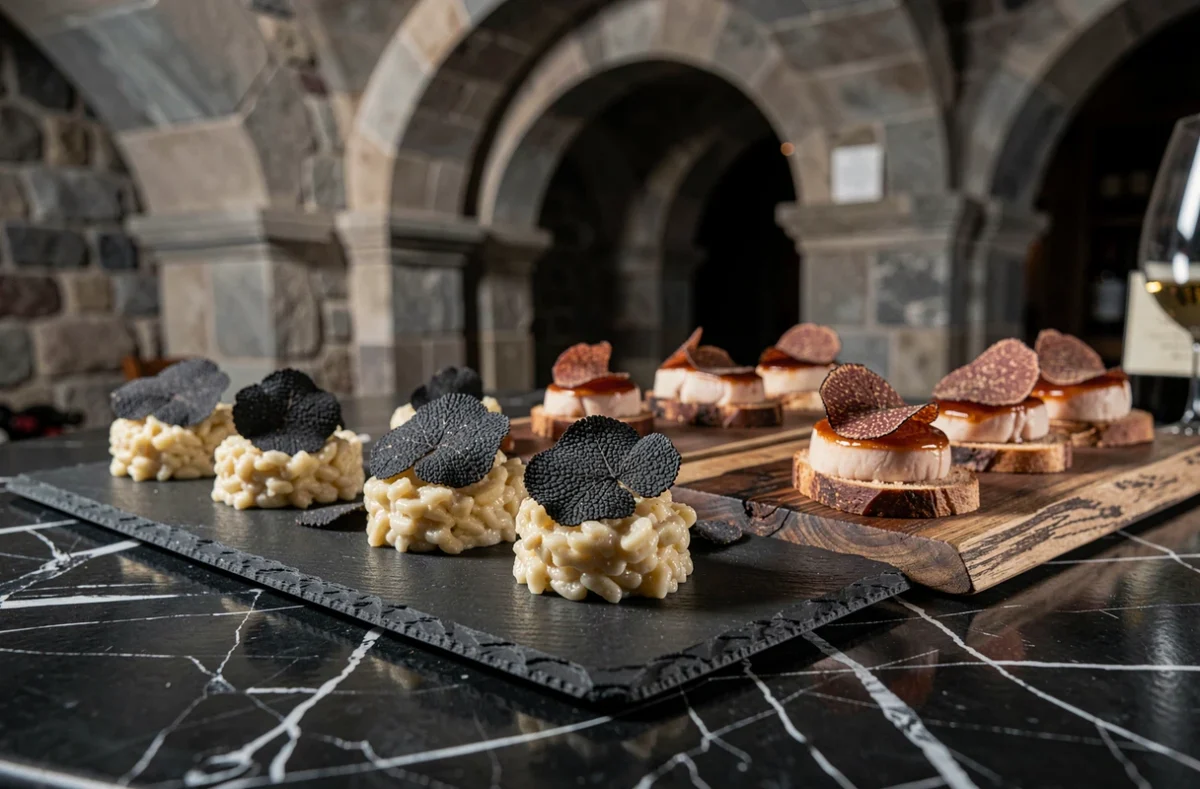 Mise en place de bouchées à la truffe noire et foie gras signée La Truffe Épicurienne dans une cave en pierre voûtée pour un mariage