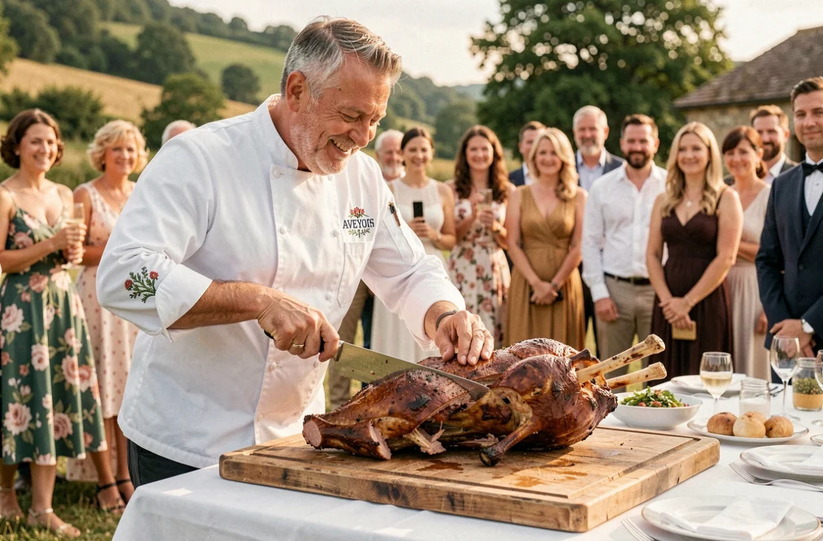Chef Laurent Régalet de Régaladom découpant un agneau rôti entier lors d'un mariage en plein air dans l'Aveyron