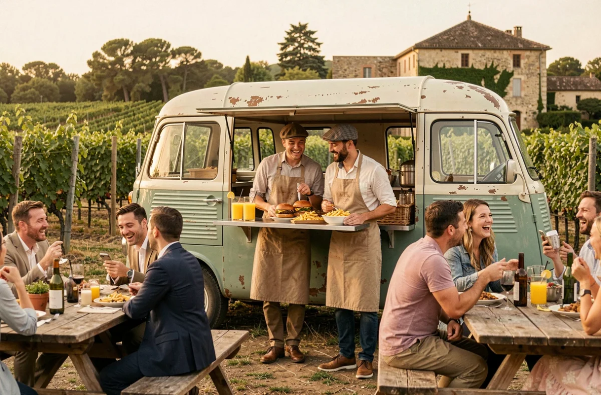 Les Tontons Gourmands servant des burgers gastronomiques depuis leur food truck vintage lors d'un mariage en plein air dans un domaine viticole du Gard