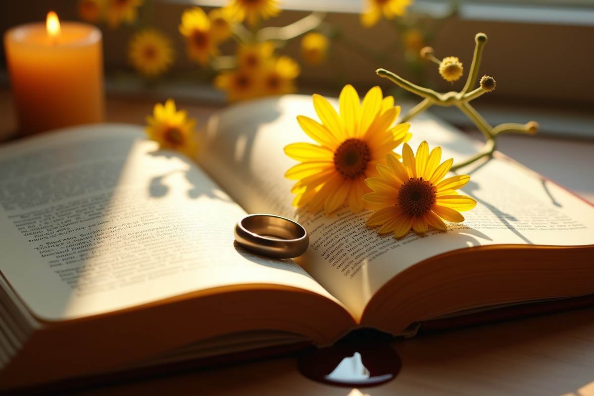 Livre ouvert avec fleurs pressées et alliance au soleil