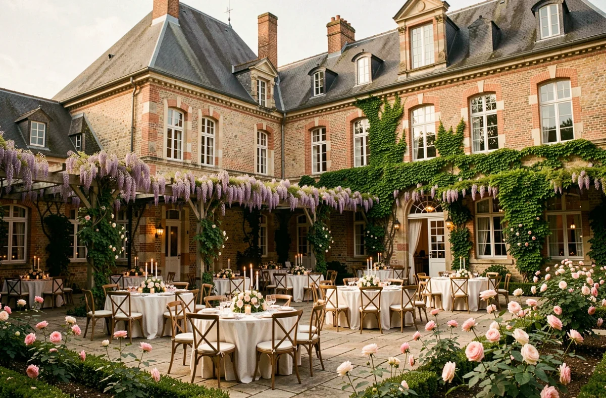 Manoir Sainte Marie avec son jardin de roses et sa cour pavée décorée pour un mariage en Maine-et-Loire