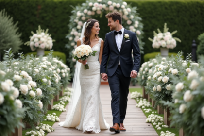 Jeune couple de mariés marchant dans un allée florale élégante