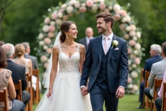 Jeune couple de mariés riant dans un jardin lors de la cérémonie