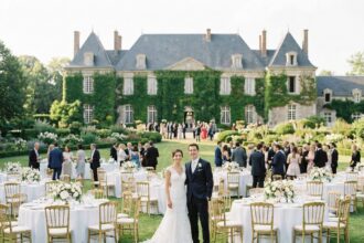 Mariage avec hébergement en domaine : couple de mariés entourés d'invités en tenue formelle dans un parc avec château en arrière-plan
