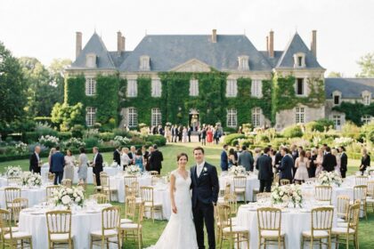 Mariage avec hébergement en domaine : couple de mariés entourés d'invités en tenue formelle dans un parc avec château en arrière-plan