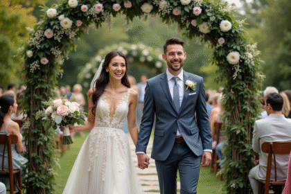 Jeune couple marié sous une arche florale en extérieur
