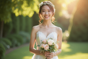 Mariée souriante avec bouquet pastel dans un jardin lumineux