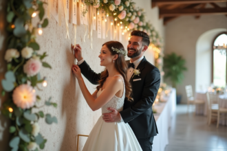 Jeune couple marié attachant des guirlandes en intérieur