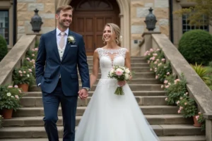 Jeune couple marié devant la mairie avec fleurs printanières