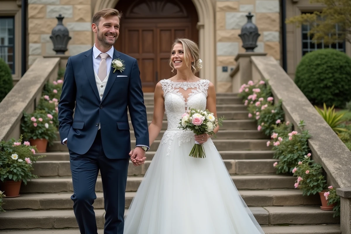Jeune couple marié devant la mairie avec fleurs printanières