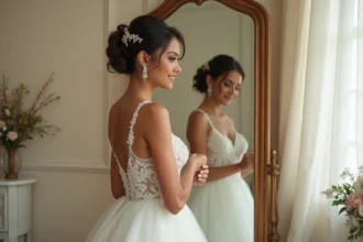 Femme en robe de mariée ivoire ajustant son bustier devant un miroir ancien