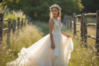 Jeune mariée en robe de mariée meringue dans un champ sauvage