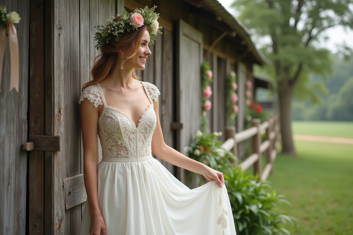Mariée ajustant sa couronne florale près de la grange