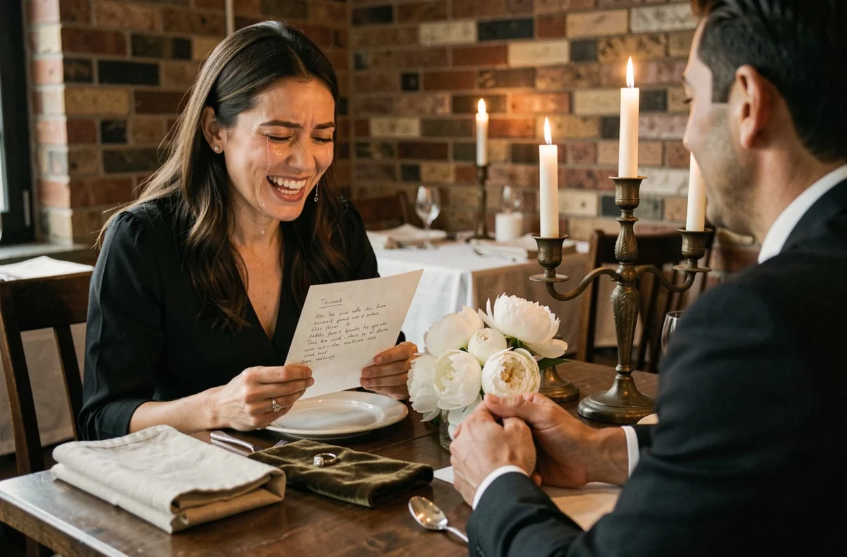 Femme en larmes de joie lisant une lettre romantique lors d'une demande en mariage surprise au restaurant