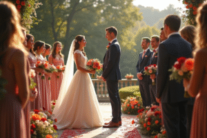 Cérémonie de mariage français avec couple et famille en plein jour
