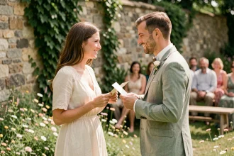 Couple échangeant des vœux manuscrits poétiques lors d'une cérémonie de mariage en plein air dans un jardin fleuri