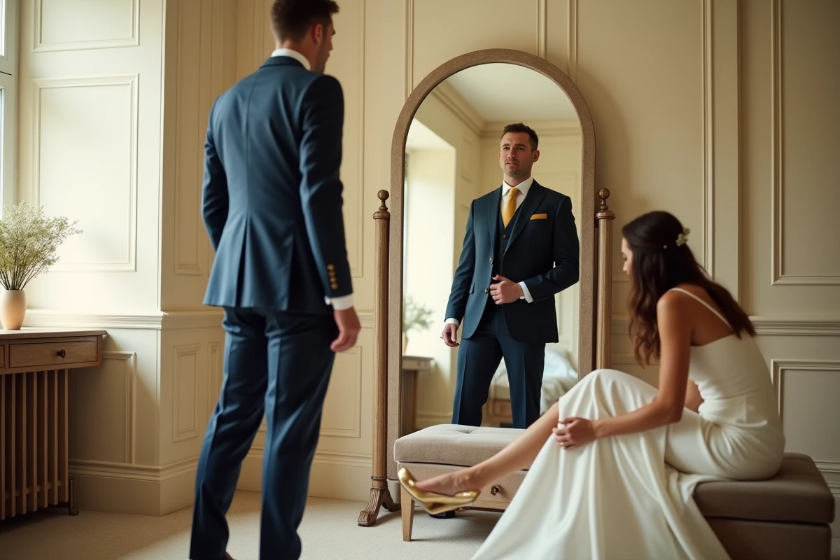 Marié en costume bleu marine et cravate dorée regardant sa mariée enfiler des escarpins dorés dans un salon d'habillage élégant