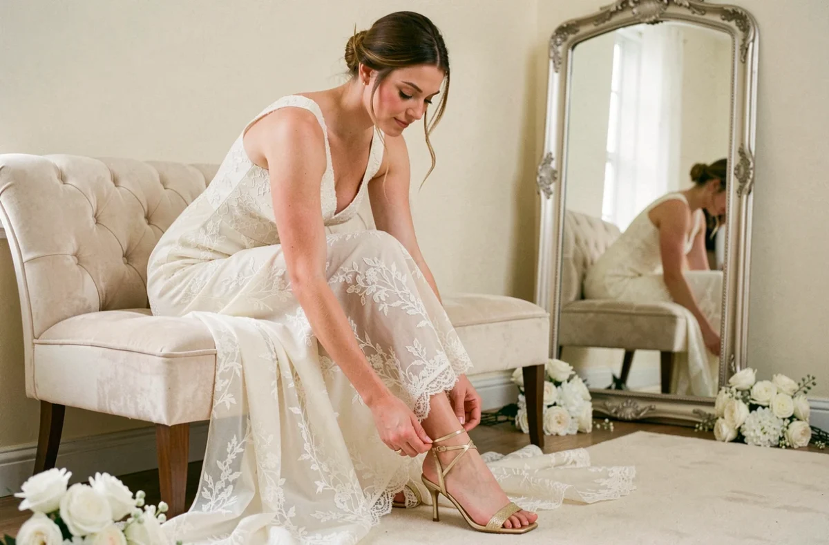 Mariée enfilant une chaussure dorée à talon haut confortable dans un salon d'habillage nuptial