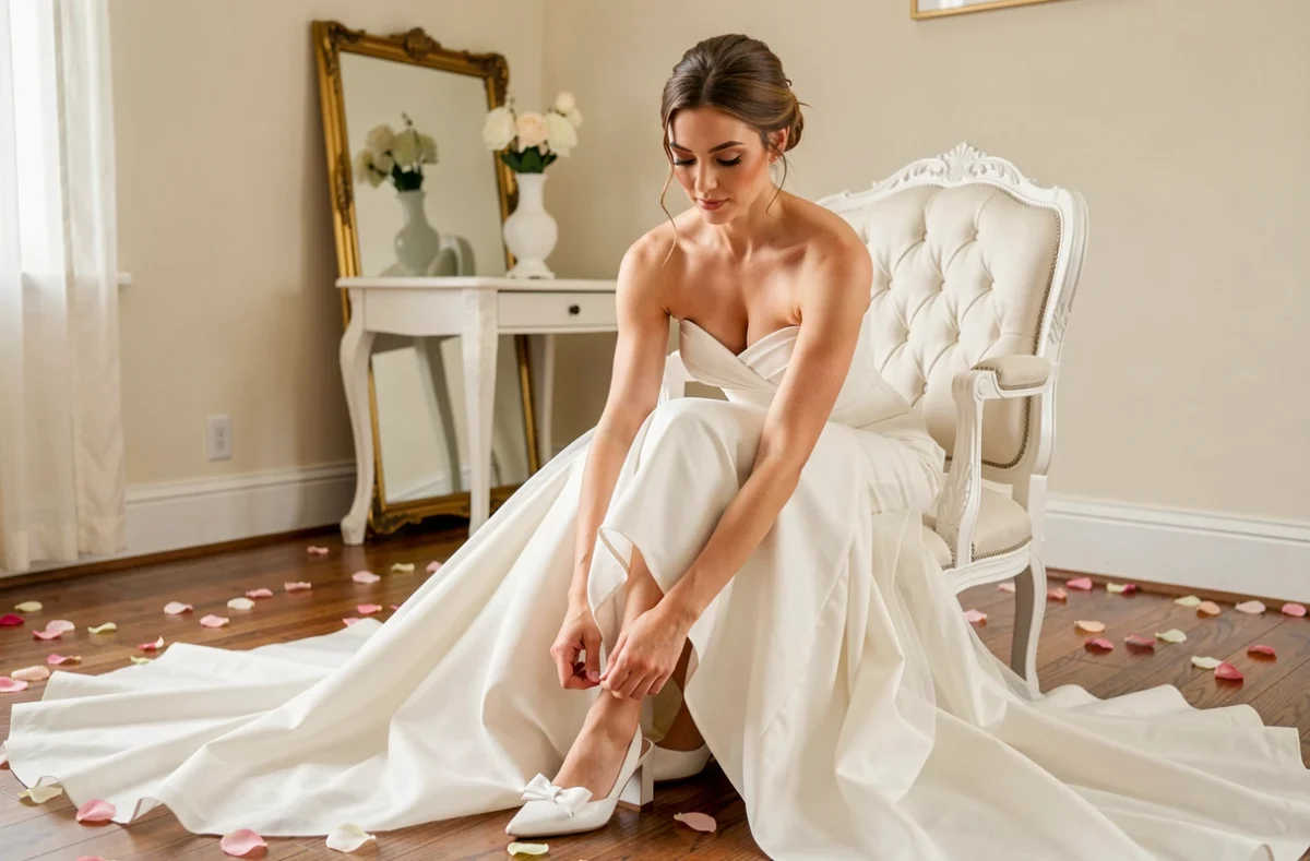 Mariée enfilant une chaussure mule blanche à talon carré et nœud dans une suite nuptiale élégante