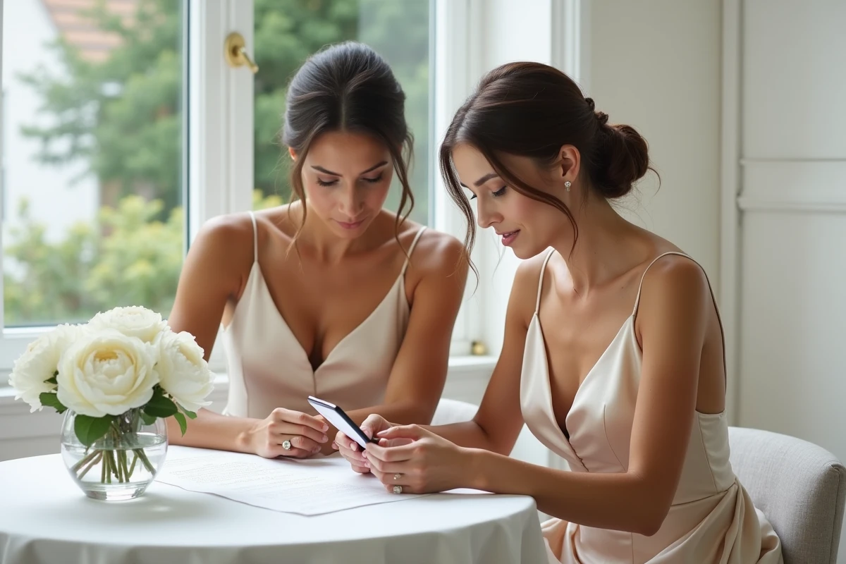 Mariée et témoin de mariage planifiant la liste musicale du mariage avec un smartphone et des notes manuscrites