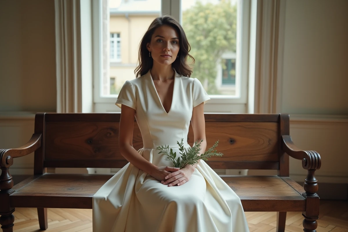 Mariée en robe courte en crêpe blanc cassé assise dans une salle d'attente d'une mairie française avant la cérémonie civile