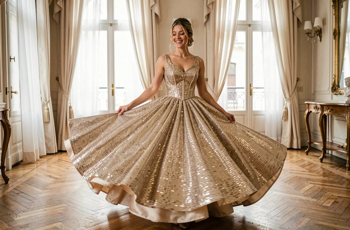 Mariée en robe de mariée princesse bouffante dorée à paillettes en plein mouvement dans un appartement haussmannien élégant