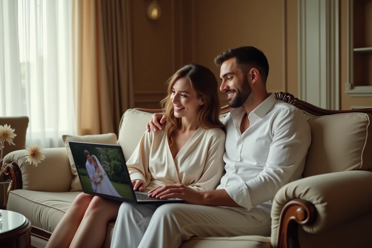 Mariés regardant leur film de mariage pour la première fois sur un ordinateur portable dans une suite d'hôtel