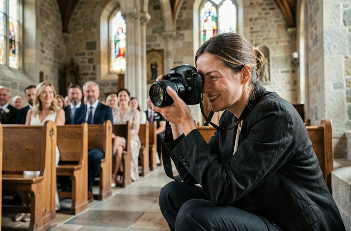 Photographe de mariage professionnelle en action lors d'une cérémonie dans une église en pierre du Périgord en Nouvelle-Aquitaine
