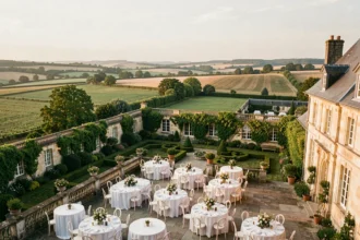 Vue panoramique d'un château de réception dans les Pays de la Loire entouré de jardins et de vignes