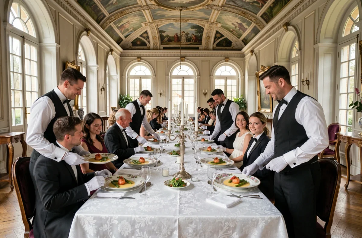Banquet de mariage classique dans un château de Montpellier, équipe de Michel Roger Traiteur en gants blancs servant un repas gastronomique