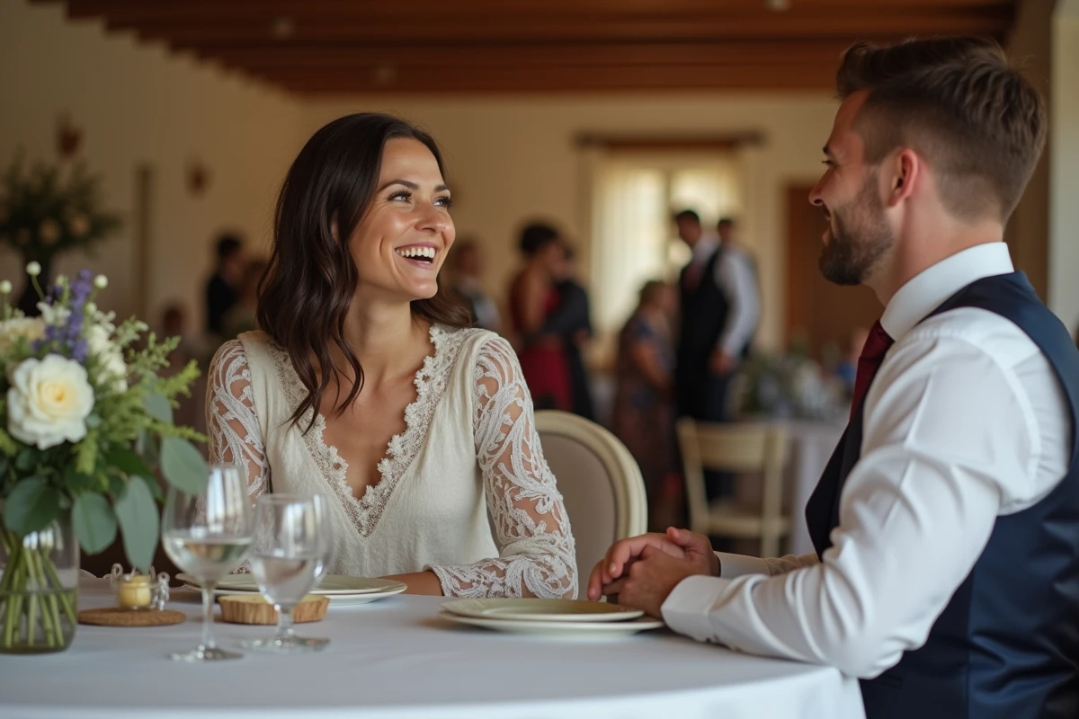 Cliché intime d un couple riant lors de la réception