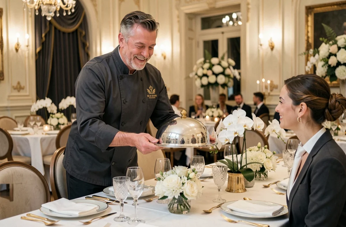 Chef de Monsieur Louis Traiteur présentant un plat gastronomique sous cloche argentée lors d'une réception de mariage