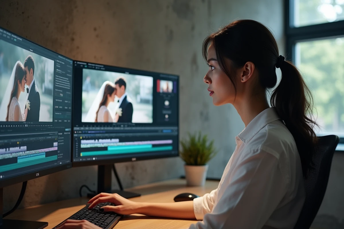 Monteuse vidéo professionnelle travaillant sur le montage d'un film de mariage dans un studio moderne