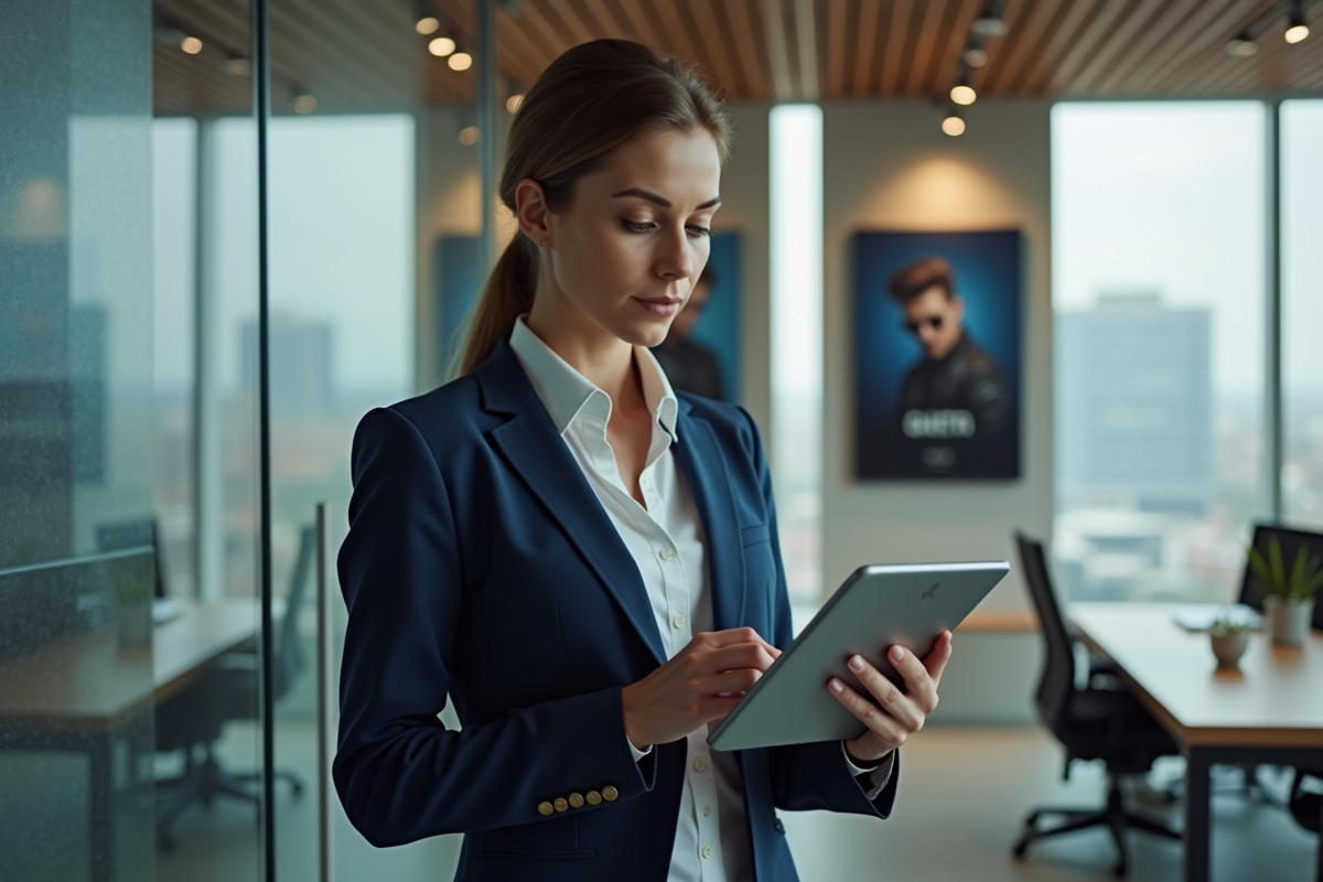 Femme en costume avec tablette dans bureau moderne