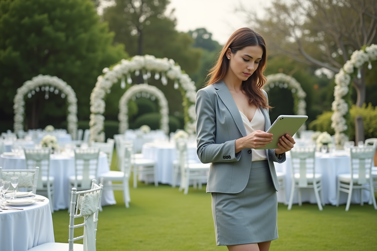 Wedding planner dans un jardin décoré pour un mariage