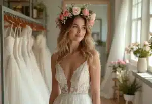 Couronne de mariée ornée de fleurs et perles sur fond doux
