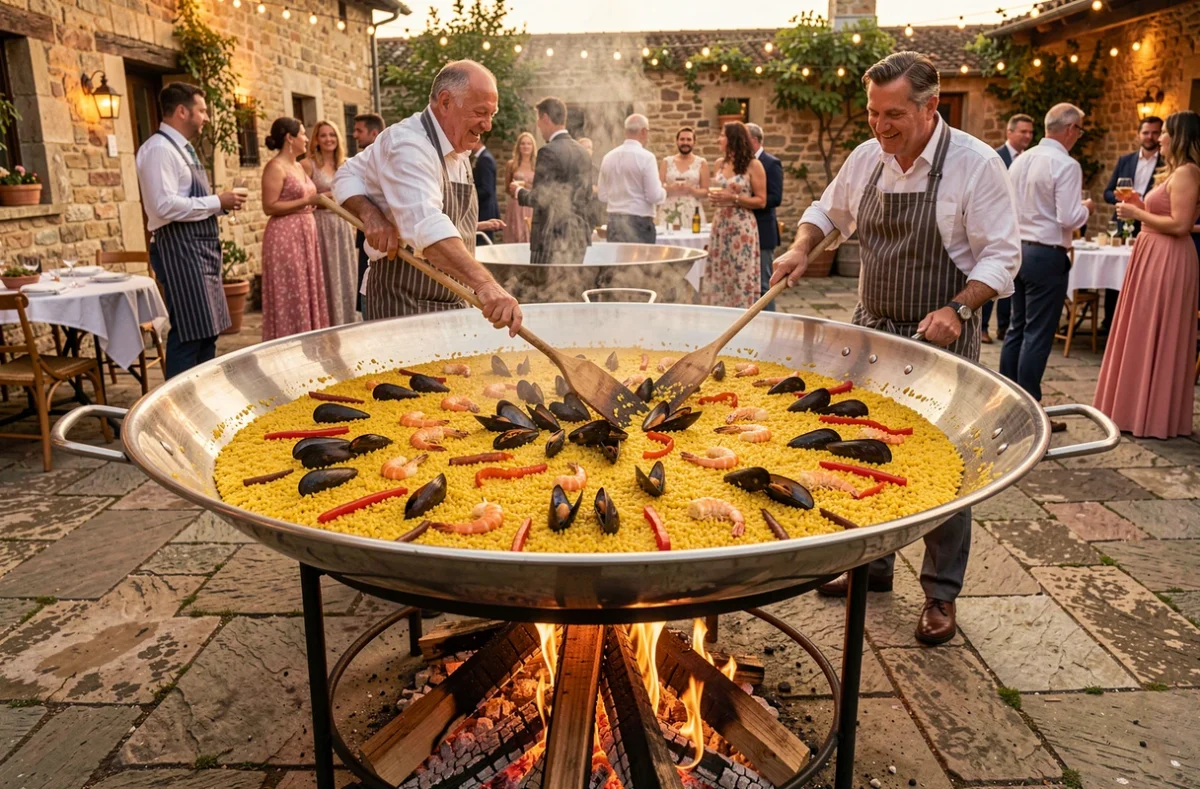 Cuisson d'une grande paella traditionnelle en plein air lors d'un mariage, avec un cuisinier en tablier rayé remuant le riz safrané