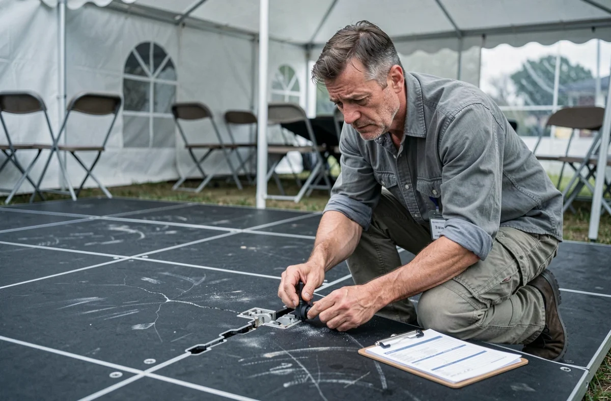 Technicien inspectant un panneau de piste de danse modulaire fissuré lors du montage d'un événement sous chapiteau en extérieur