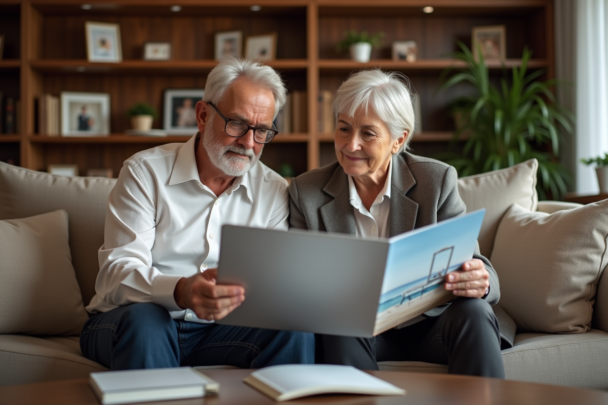 Parents âgés examinant brochure de voyage de lune de miel