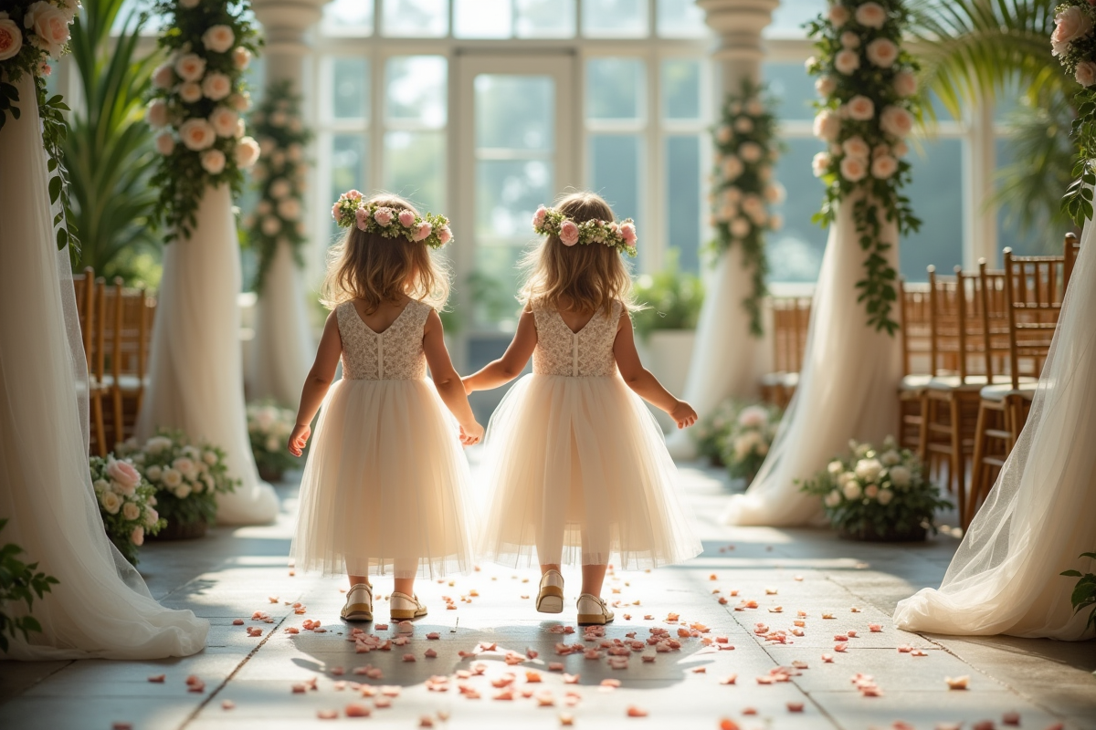 Jeunes filles fleurs dispersant des pétales dans un couloir lumineux